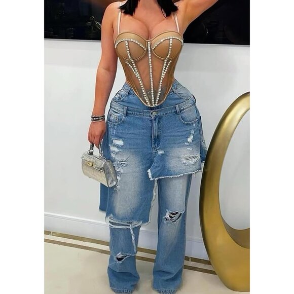 Women Cargo Jeans Ripped Patchwork Wide Leg Denim Pants High Waist Streetwear - Picture 3 of 5